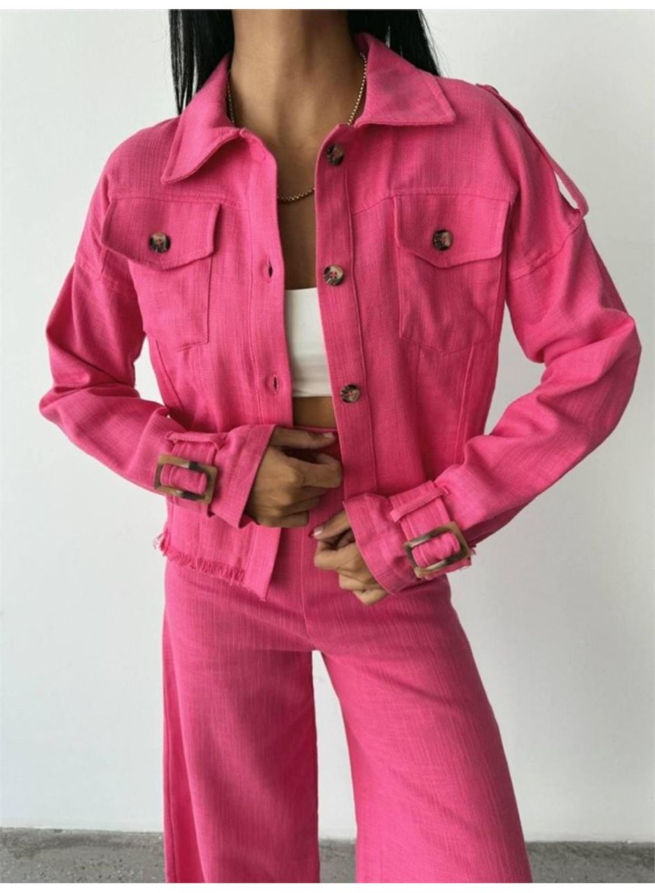 KETEN PÜSKÜL DETAYLI GÖMLEK-PANTOLON TAKIM - Fuşya