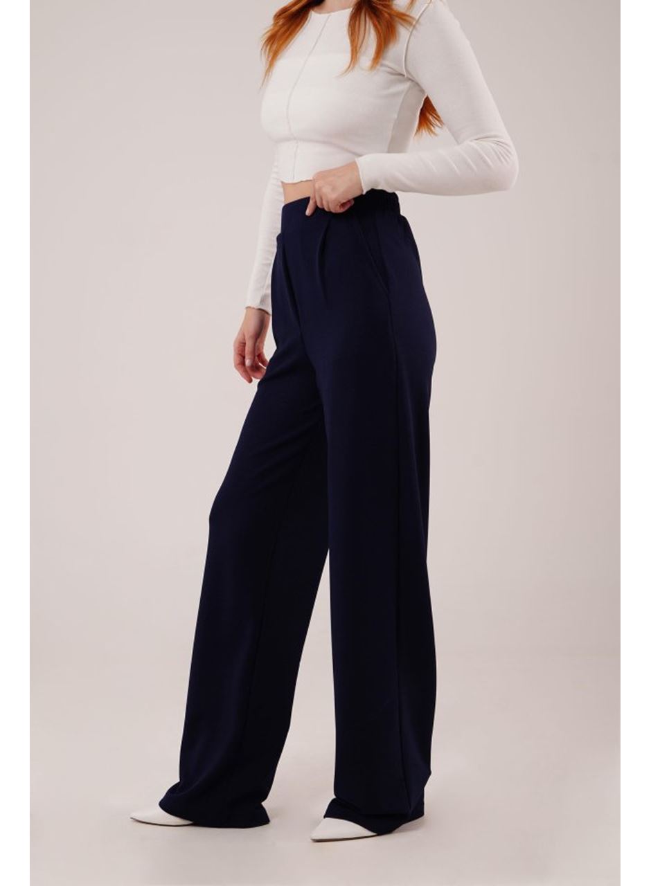 Yüksek Bel Bol Paça Krep Lacivert Pantolon