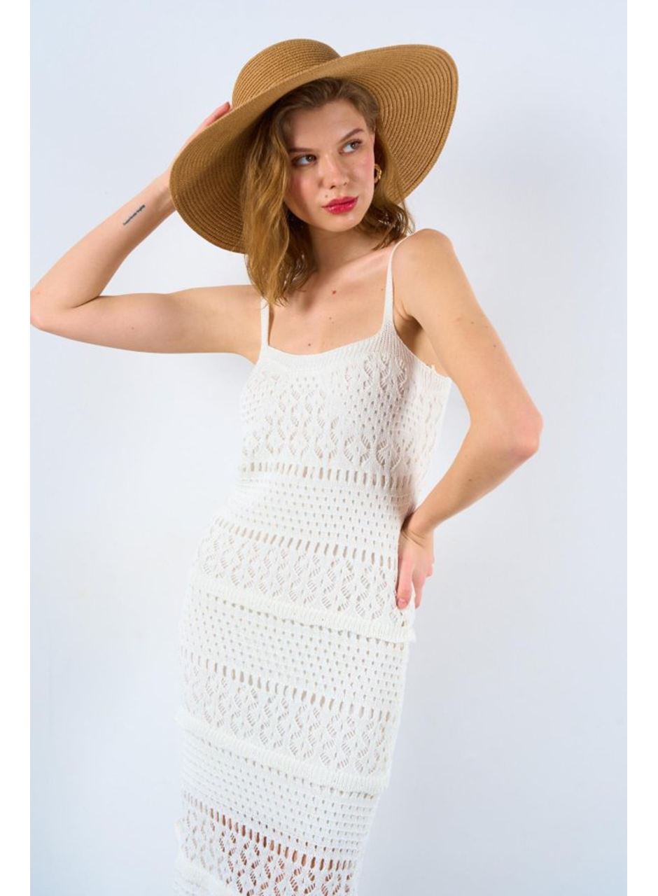 Ajurlu Astarlı Elbise - Ekru