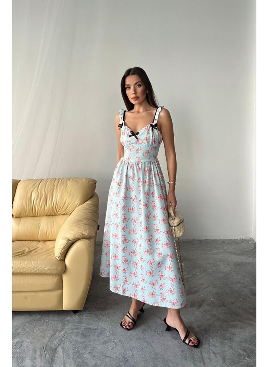 Bebe Mavi Önü Fiyonklu Çiçekli Elbise