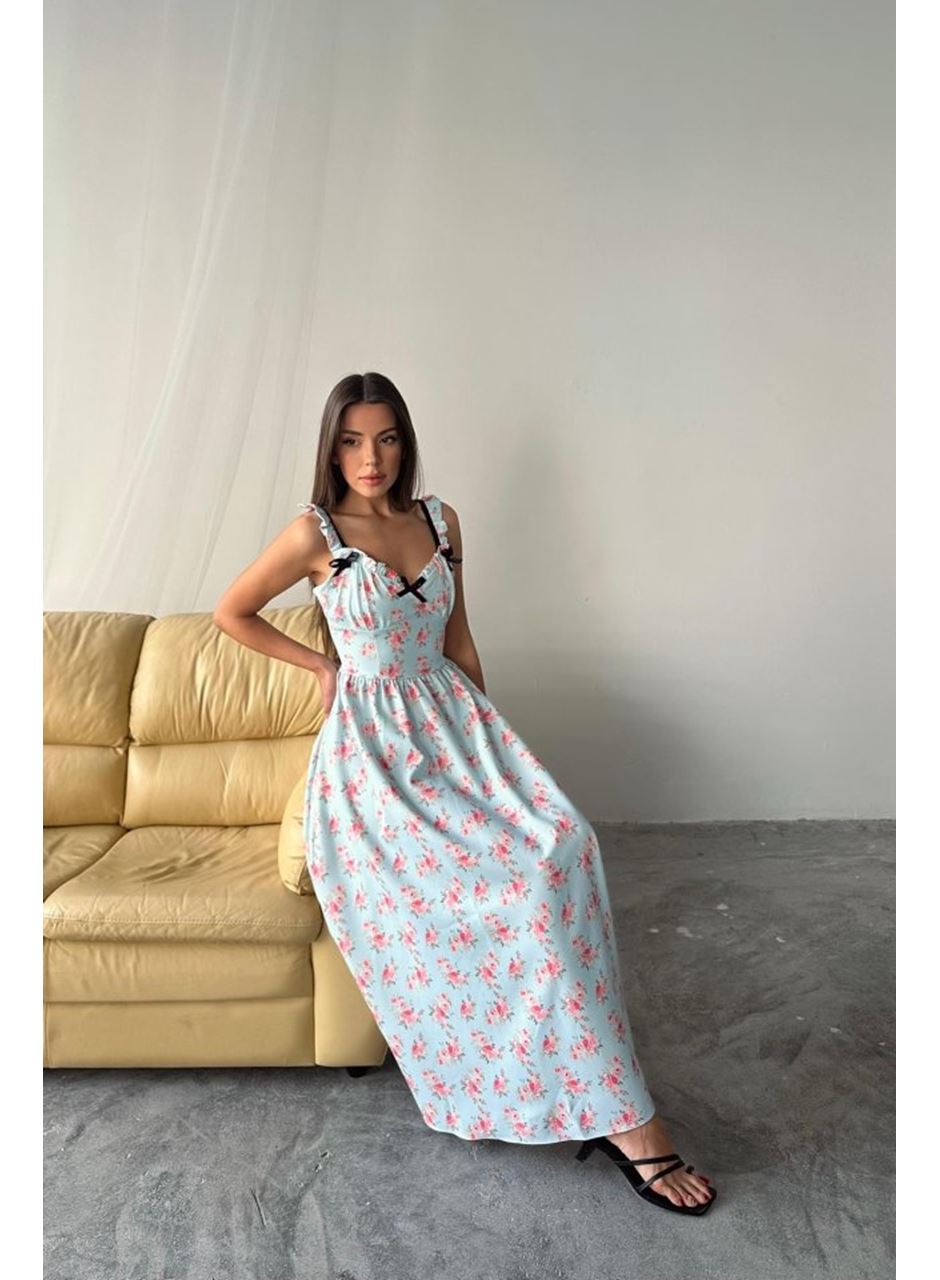 Bebe Mavi Önü Fiyonklu Çiçekli Elbise