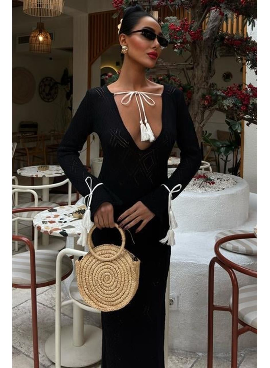 Püskül Bağcık Detaylı V Yaka Ajurlu Elbise 2850