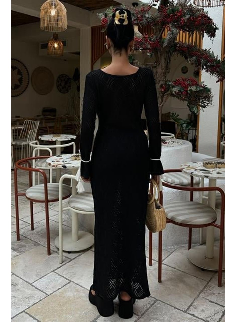 Püskül Bağcık Detaylı V Yaka Ajurlu Elbise 2850