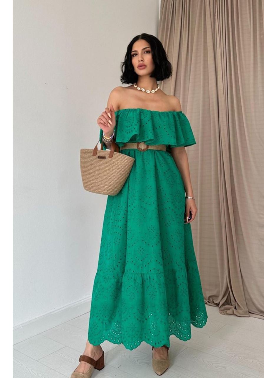 Yeşil Omzu Lastikli Brode Elbise