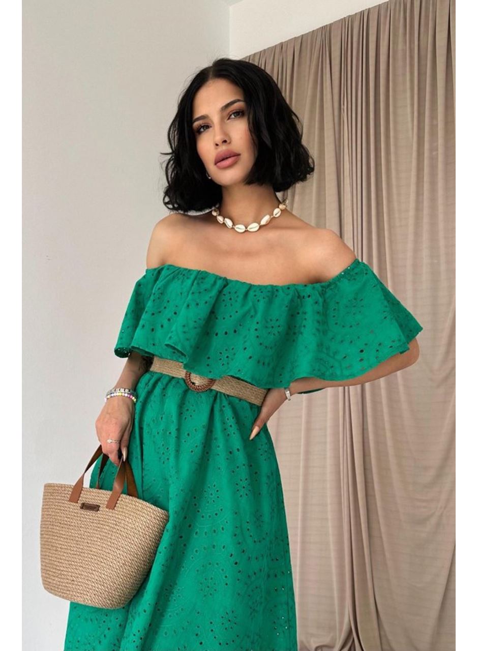 Yeşil Omzu Lastikli Brode Elbise