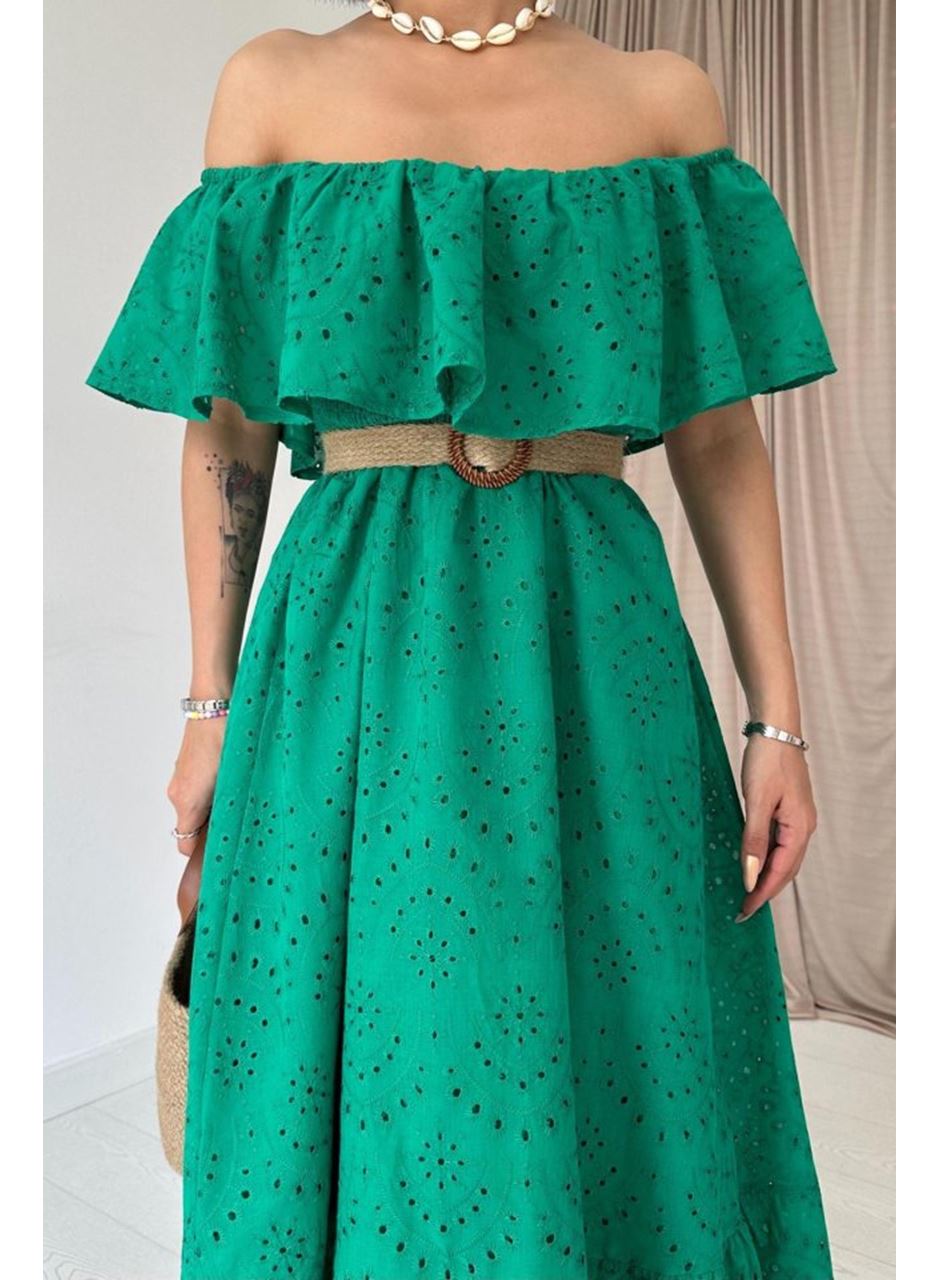 Yeşil Omzu Lastikli Brode Elbise
