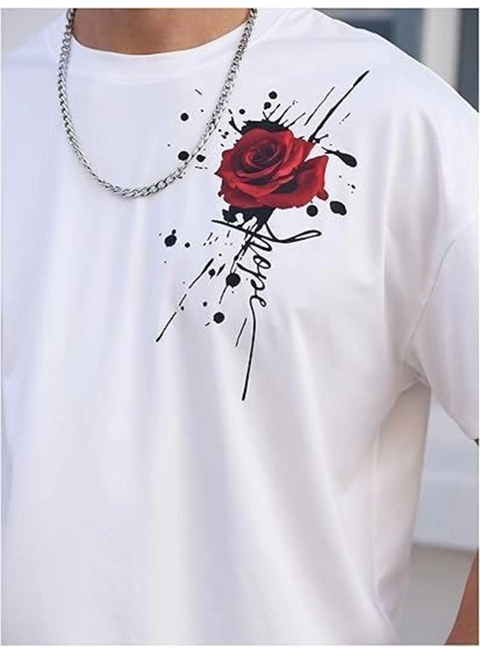 Erkek Bisiklet Yaka Kısa Kol Baskılı T-shirt - Beyaz