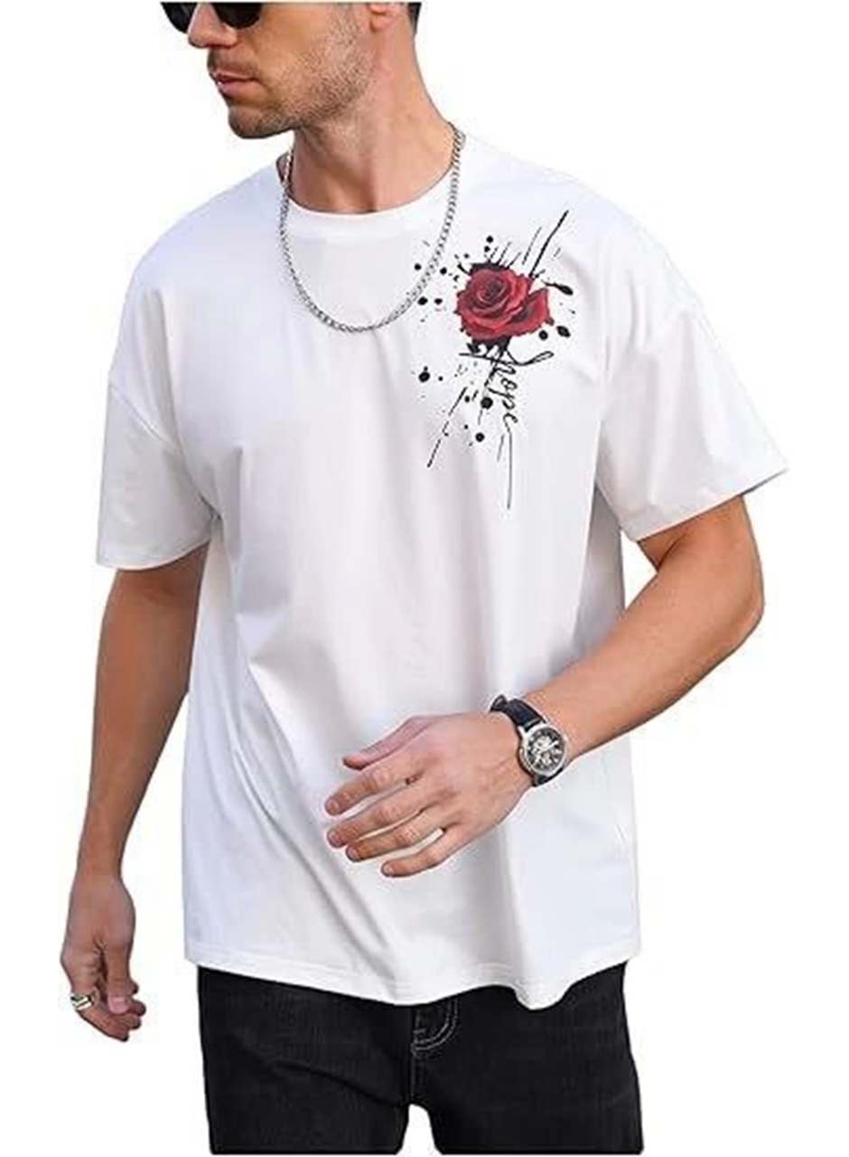 Erkek Bisiklet Yaka Kısa Kol Baskılı T-shirt - Beyaz