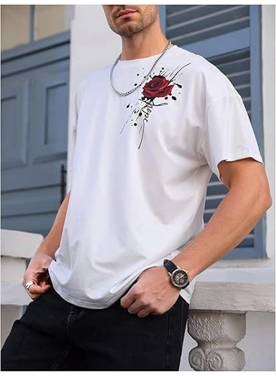 Erkek Bisiklet Yaka Kısa Kol Baskılı T-shirt - Beyaz