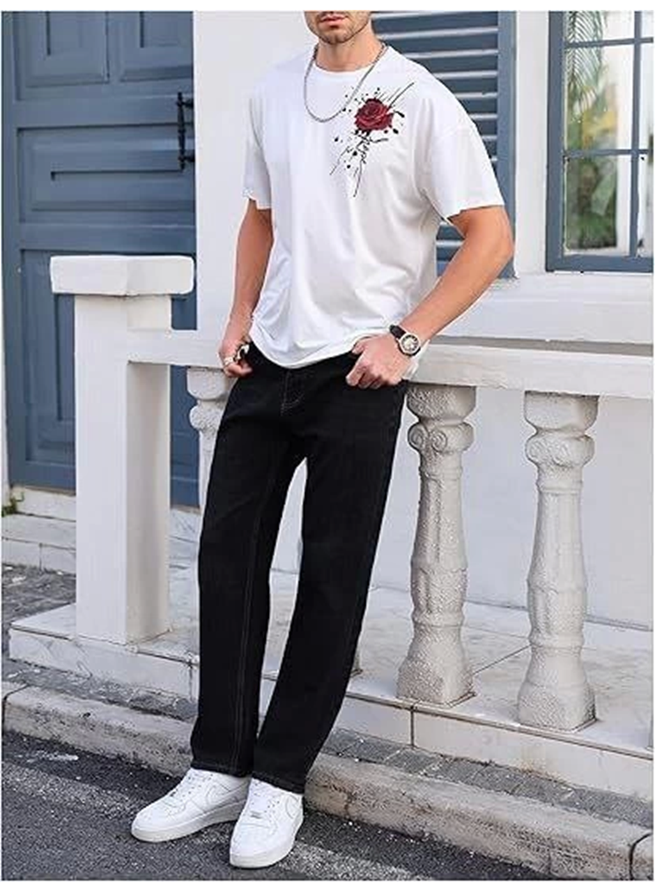 Erkek Bisiklet Yaka Kısa Kol Baskılı T-shirt - Beyaz