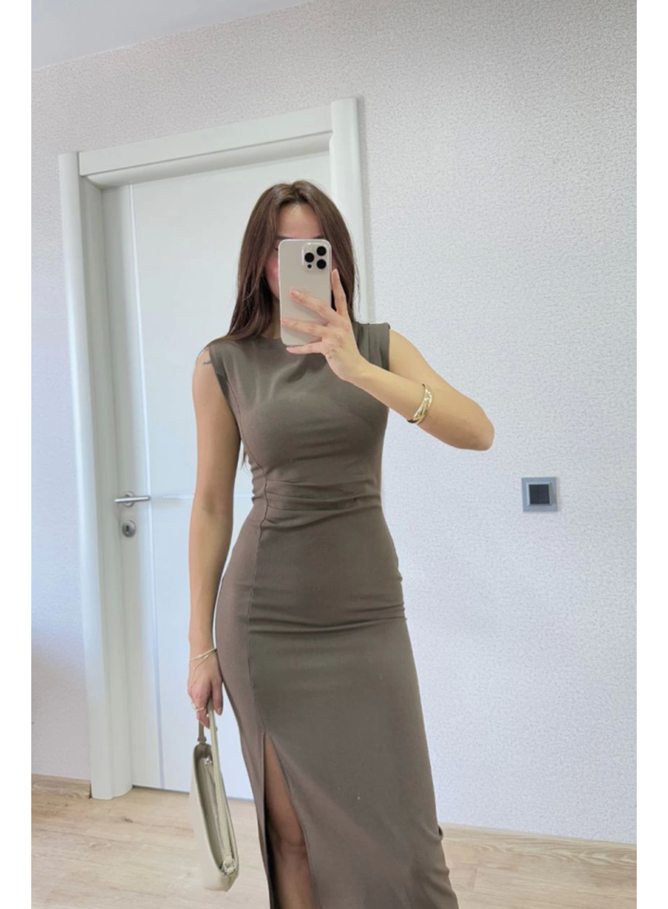 Yırtmaç Detaylı Kolsuz Elbise - Antrasit