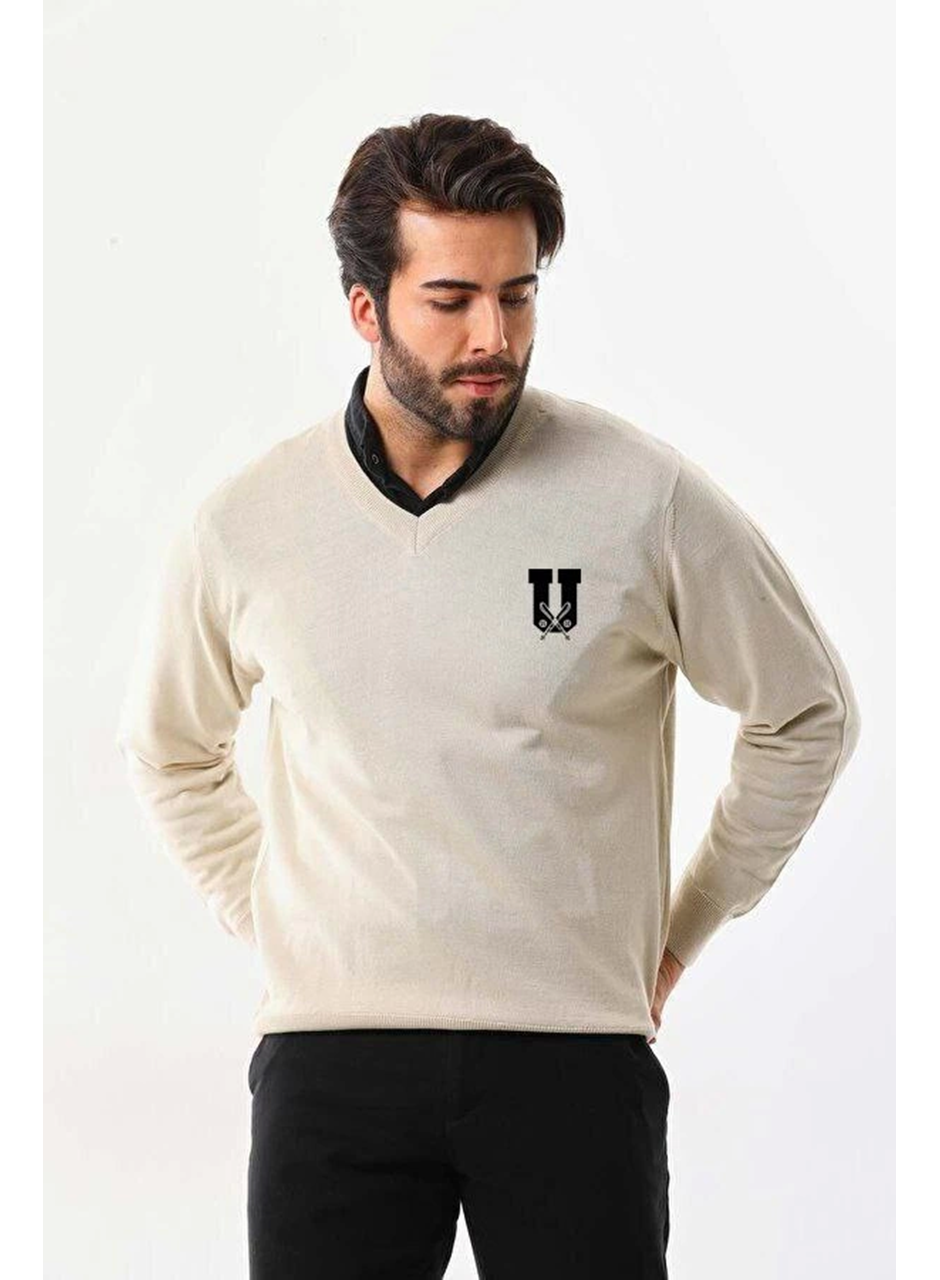 Baskılı V Yaka Uzun Kol Dokuma Triko - Bej