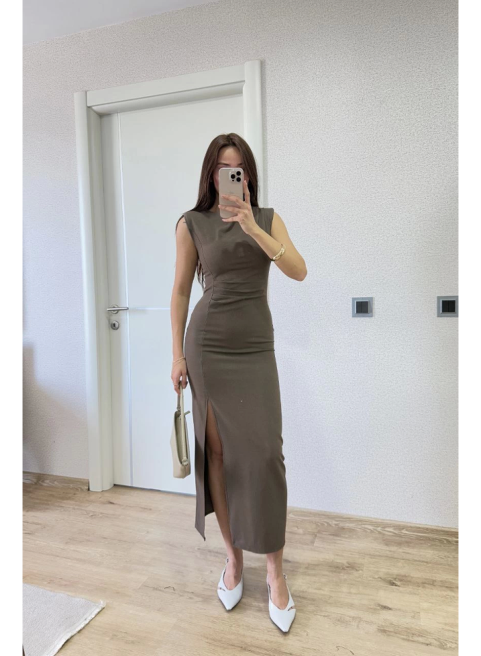 Yırtmaç Detaylı Kolsuz Elbise - Antrasit