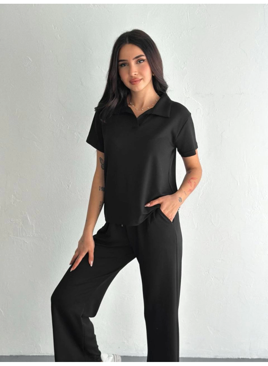 Osy Modal Yumuşak Dokulu Kumaş Kısa Kollu Yakalı T-shirt Pantalon Ikili Takım- Siyah