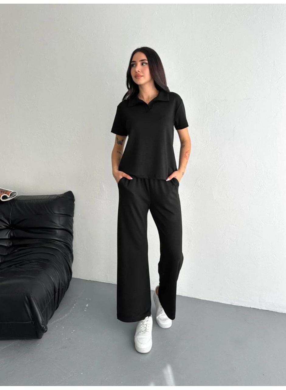 Osy Modal Yumuşak Dokulu Kumaş Kısa Kollu Yakalı T-shirt Pantalon Ikili Takım- Siyah