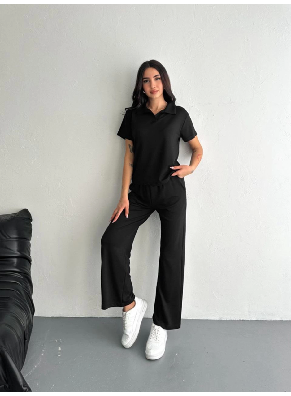 Osy Modal Yumuşak Dokulu Kumaş Kısa Kollu Yakalı T-shirt Pantalon Ikili Takım- Siyah