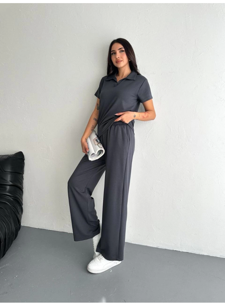 Osy Modal Yumuşak Dokulu Kumaş Kısa Kollu Yakalı T-shirt Pantalon Ikili Takım- Antrasit