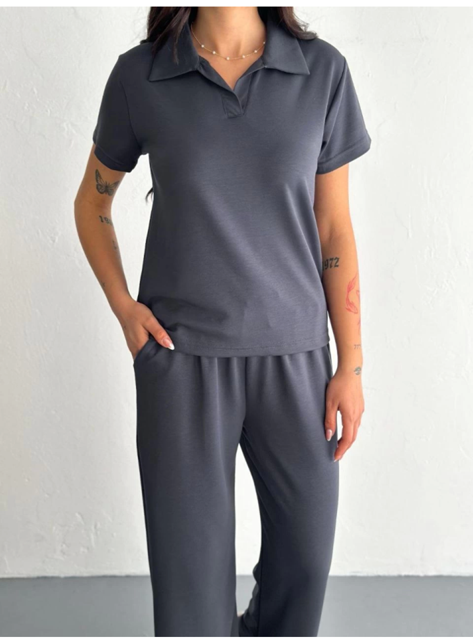 Osy Modal Yumuşak Dokulu Kumaş Kısa Kollu Yakalı T-shirt Pantalon Ikili Takım- Antrasit
