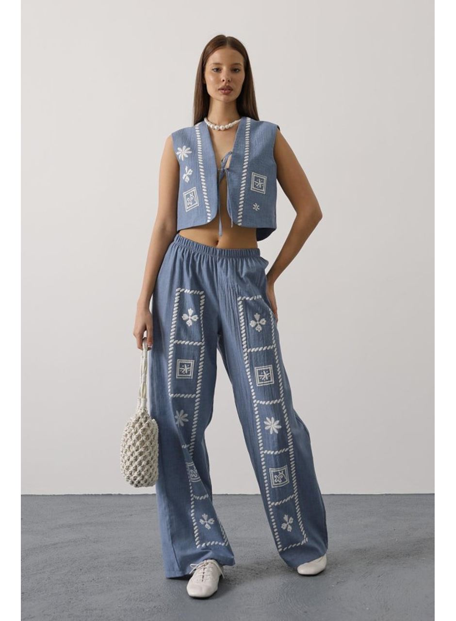 Baskılı Önü Bağlamalı Yelekli Takım - İndigo