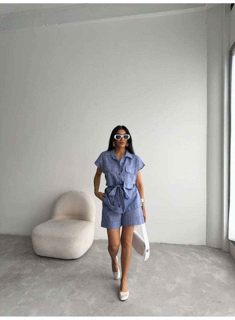 KETEN BAĞLAMALI KOLSUZ GÖMLEK - DUBLE PAÇA ŞORT TAKIM - Lacivert