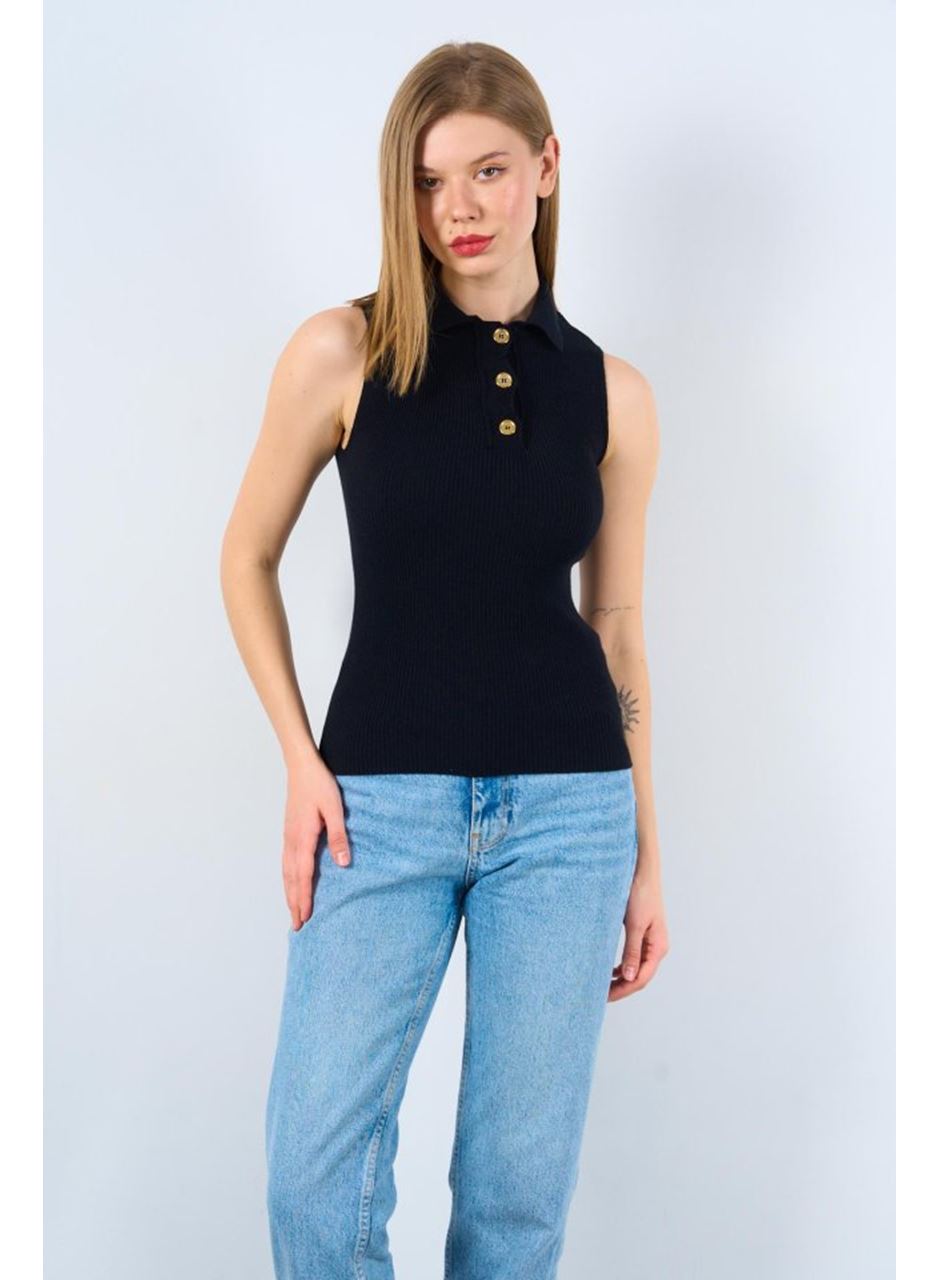 Patlı Düğmeli Triko Atlet - Siyah