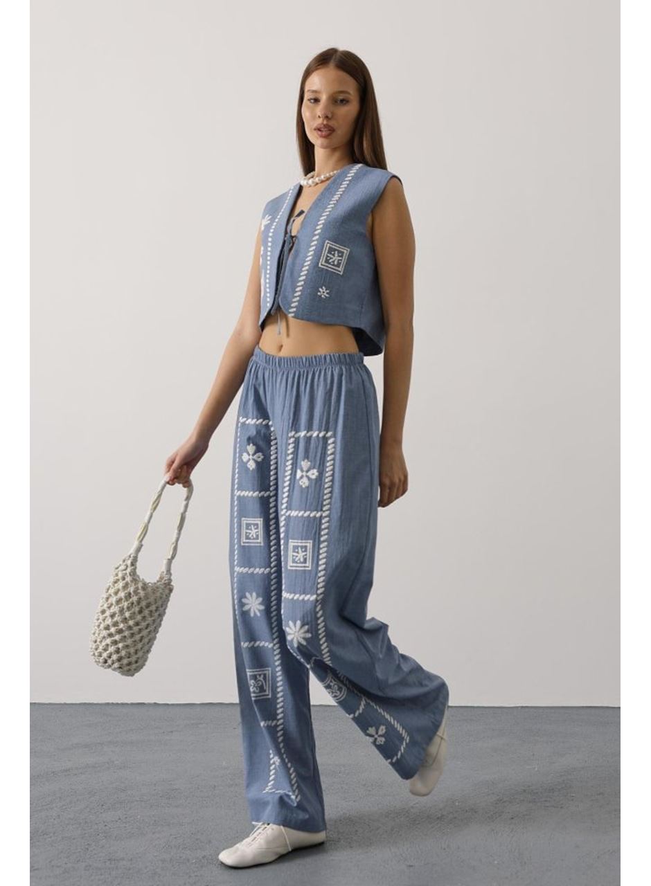 Baskılı Önü Bağlamalı Yelekli Takım - İndigo