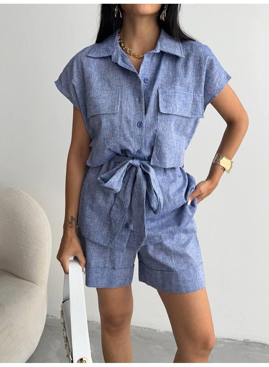 KETEN BAĞLAMALI KOLSUZ GÖMLEK - DUBLE PAÇA ŞORT TAKIM - Lacivert