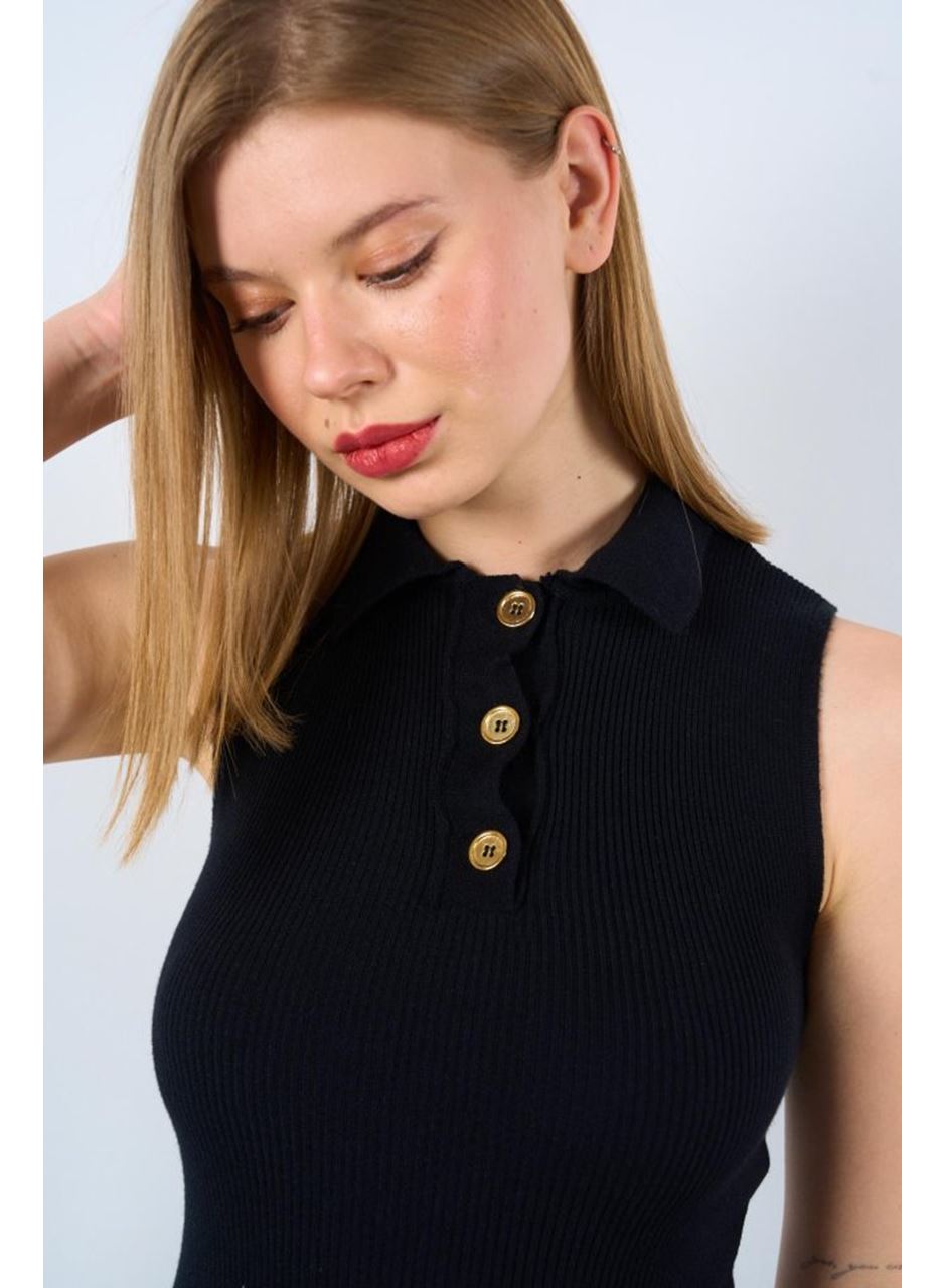 Patlı Düğmeli Triko Atlet - Siyah