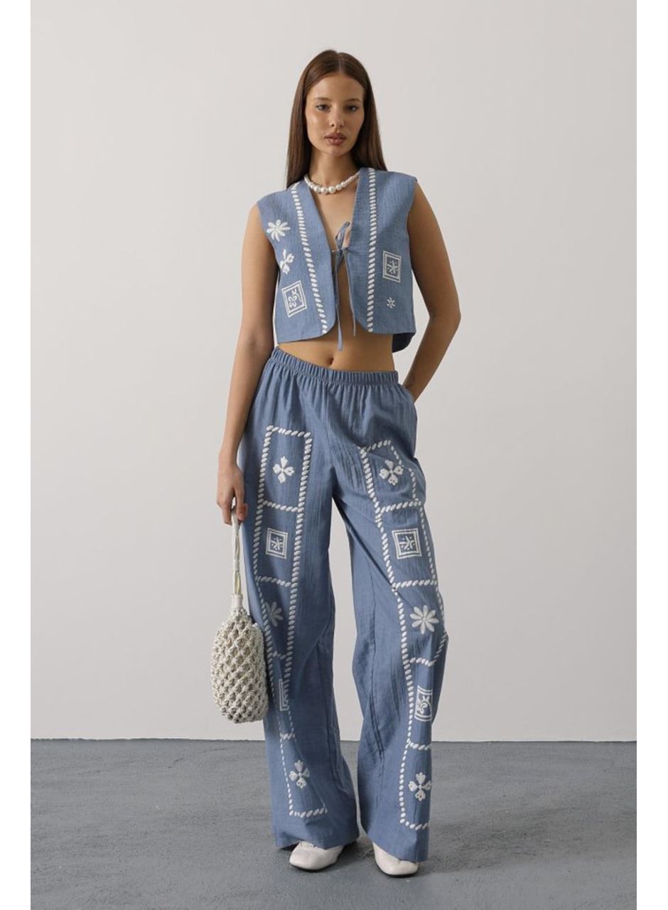 Baskılı Önü Bağlamalı Yelekli Takım - İndigo