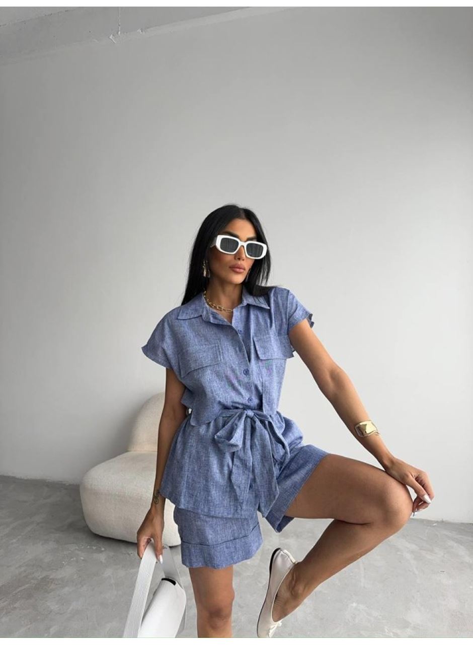 KETEN BAĞLAMALI KOLSUZ GÖMLEK - DUBLE PAÇA ŞORT TAKIM - Lacivert
