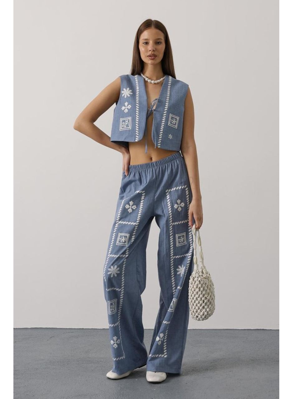 Baskılı Önü Bağlamalı Yelekli Takım - İndigo