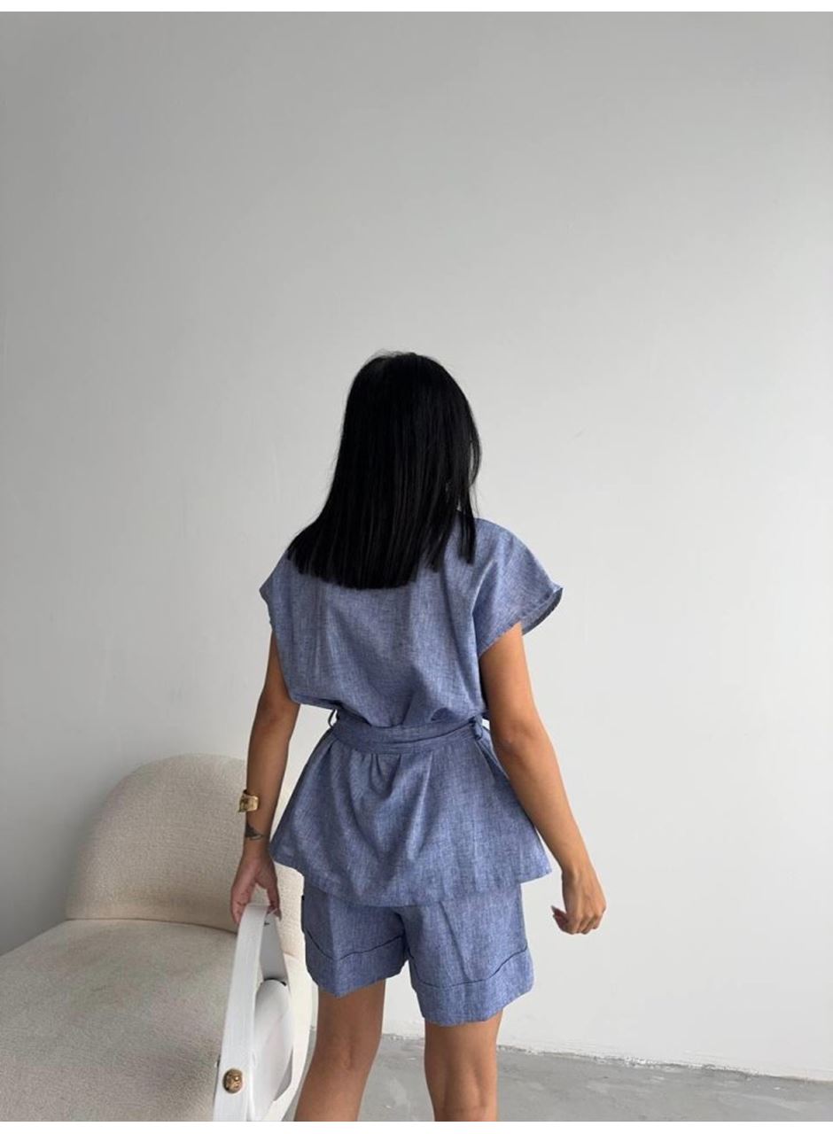 KETEN BAĞLAMALI KOLSUZ GÖMLEK - DUBLE PAÇA ŞORT TAKIM - Lacivert