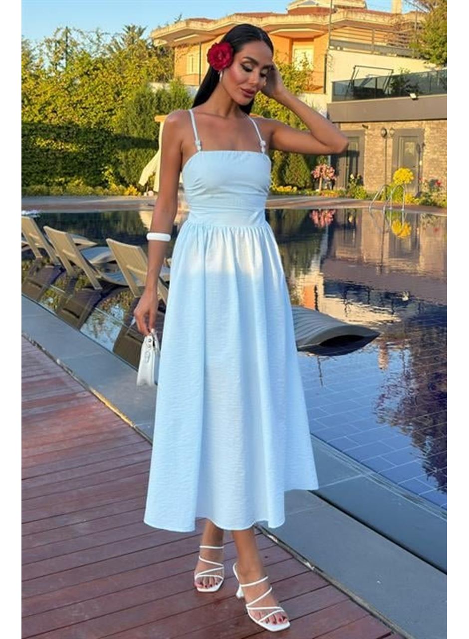 Sırtı Çapraz İpli Boncuk Detaylı Elbise 2902-08