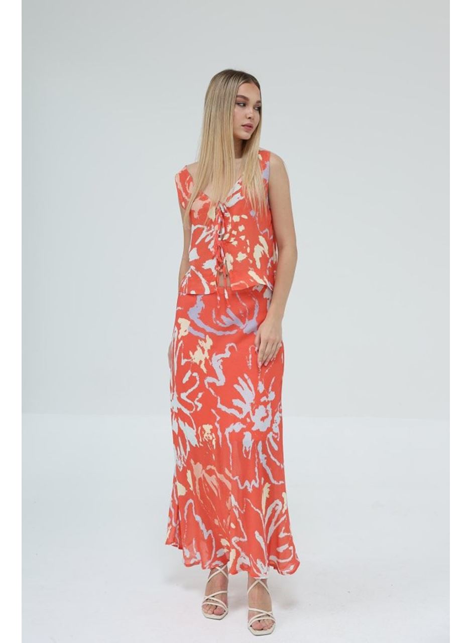 Bağcıklı Bluzlu Etek Takım - Kırmızı