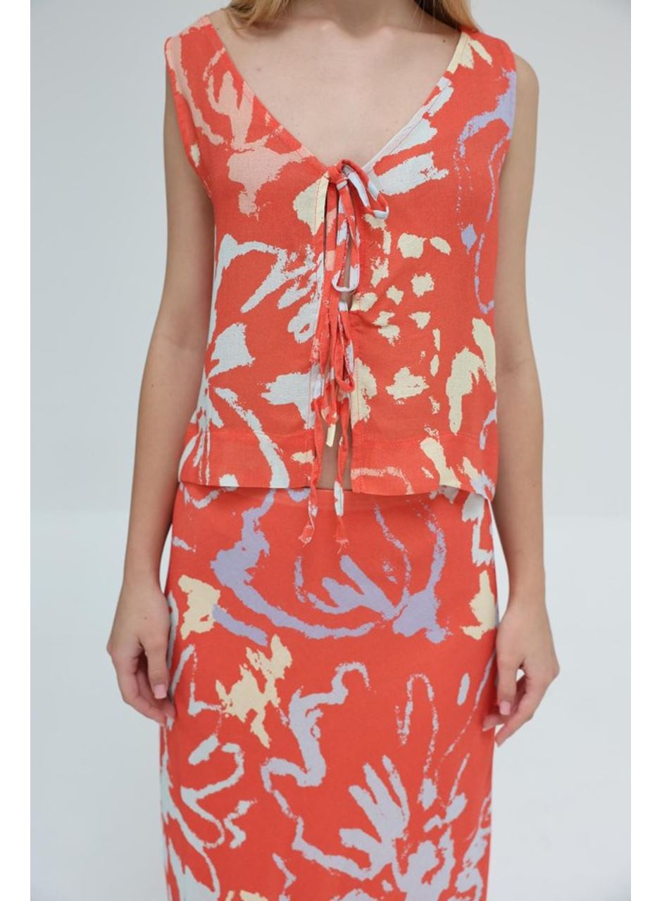 Bağcıklı Bluzlu Etek Takım - Kırmızı