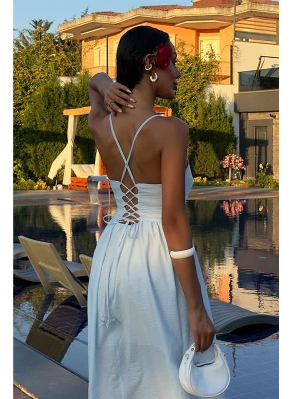 Sırtı Çapraz İpli Boncuk Detaylı Elbise 2902-08