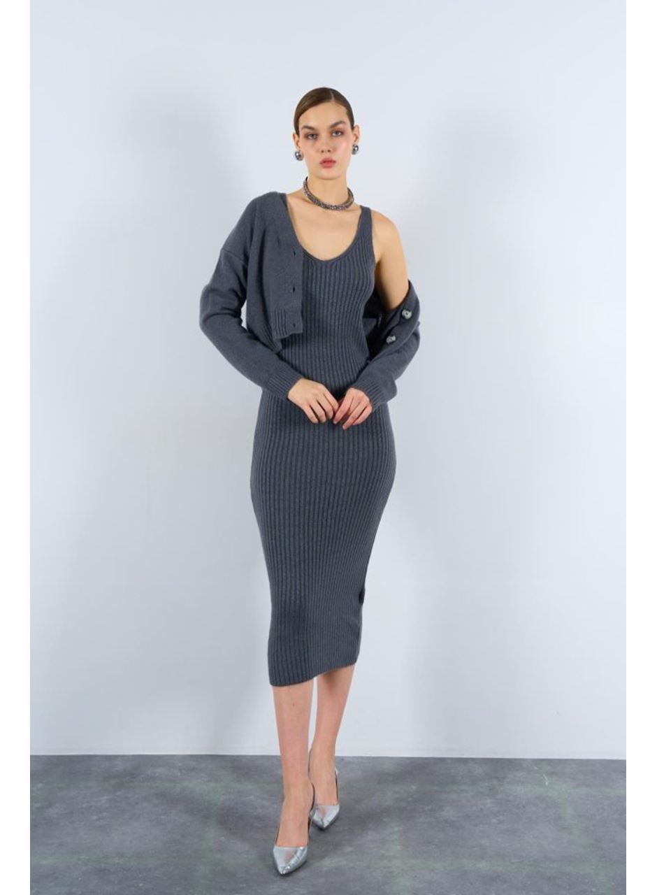 Fitilli Elbise Hırkalı Takım - Füme