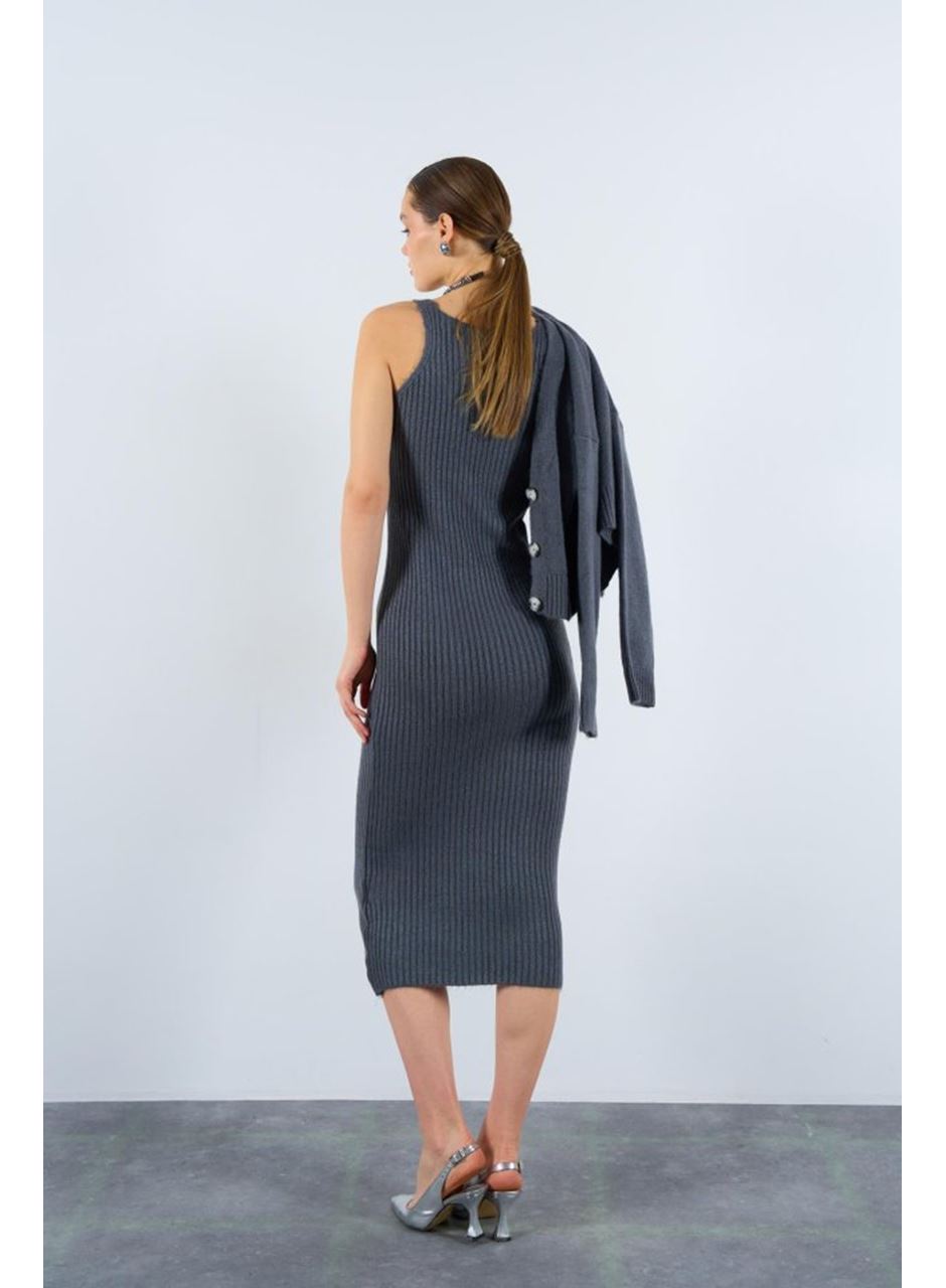 Fitilli Elbise Hırkalı Takım - Füme