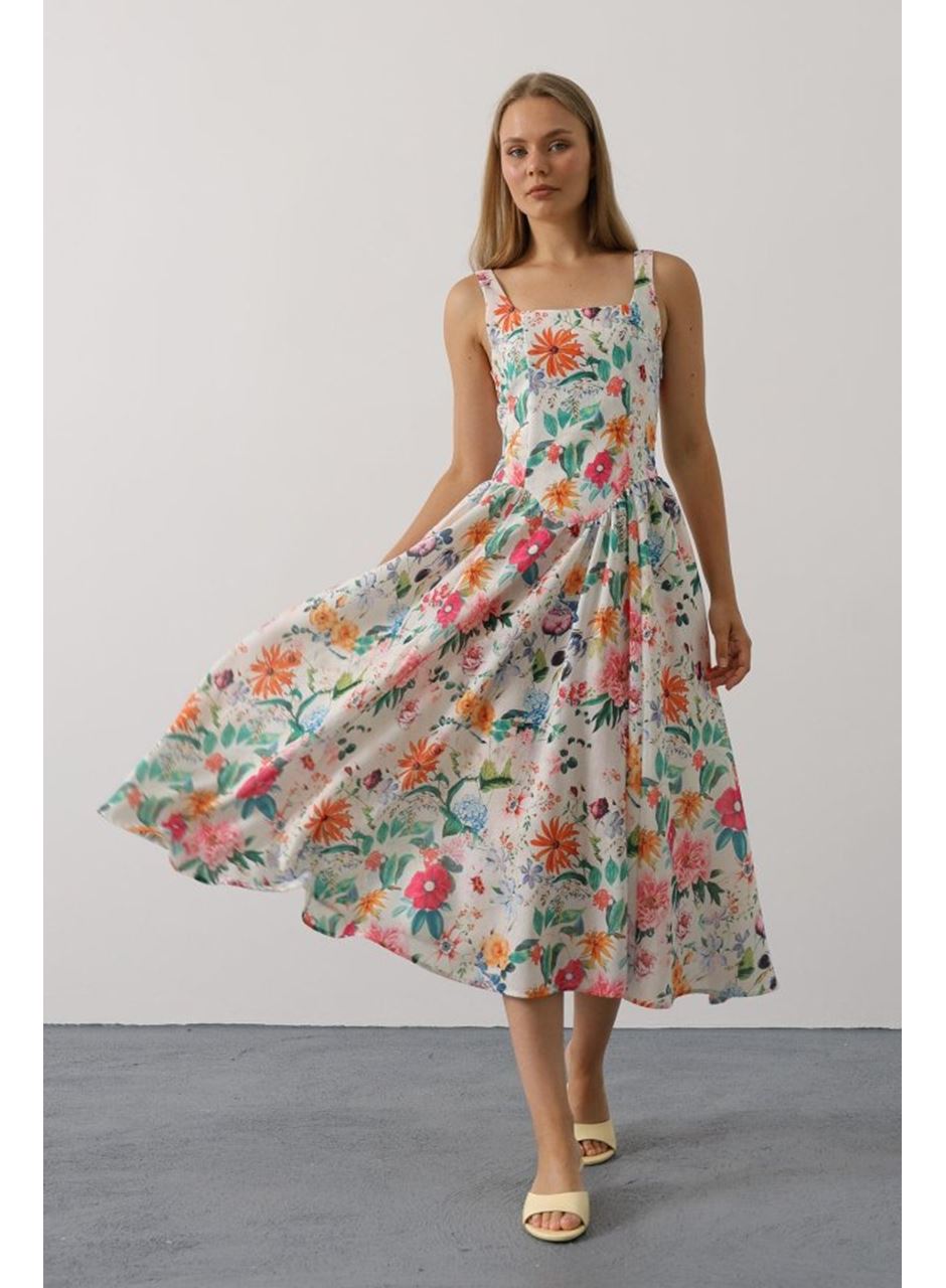 Çiçek Desenli Askılı Elbise - Pembe Çiçek