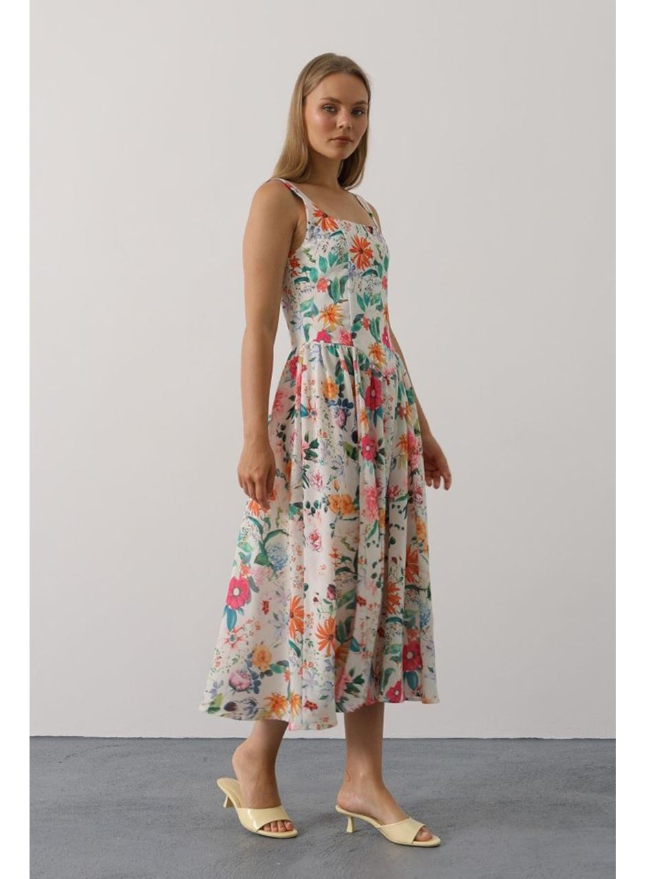 Çiçek Desenli Askılı Elbise - Pembe Çiçek