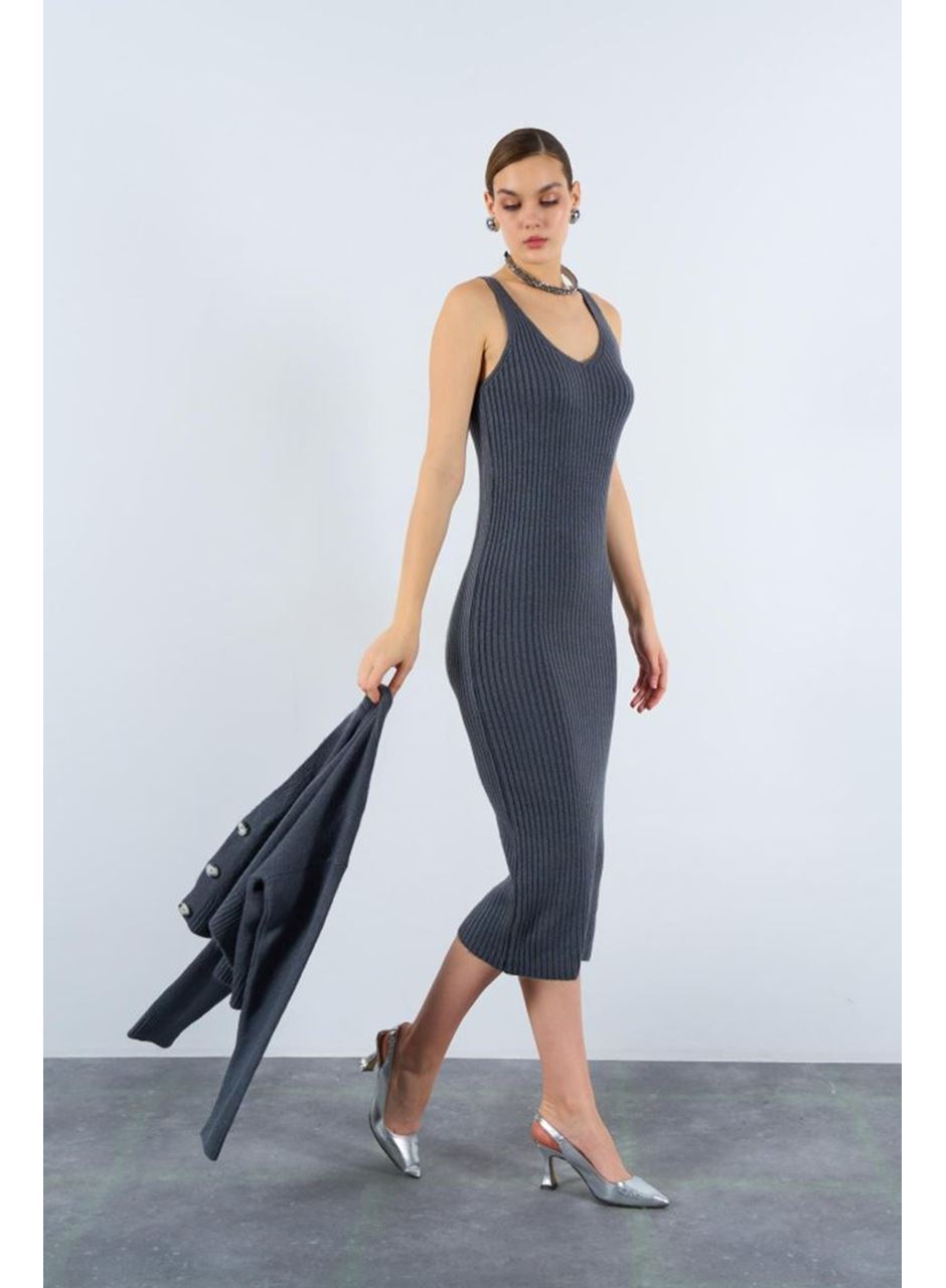 Fitilli Elbise Hırkalı Takım - Füme