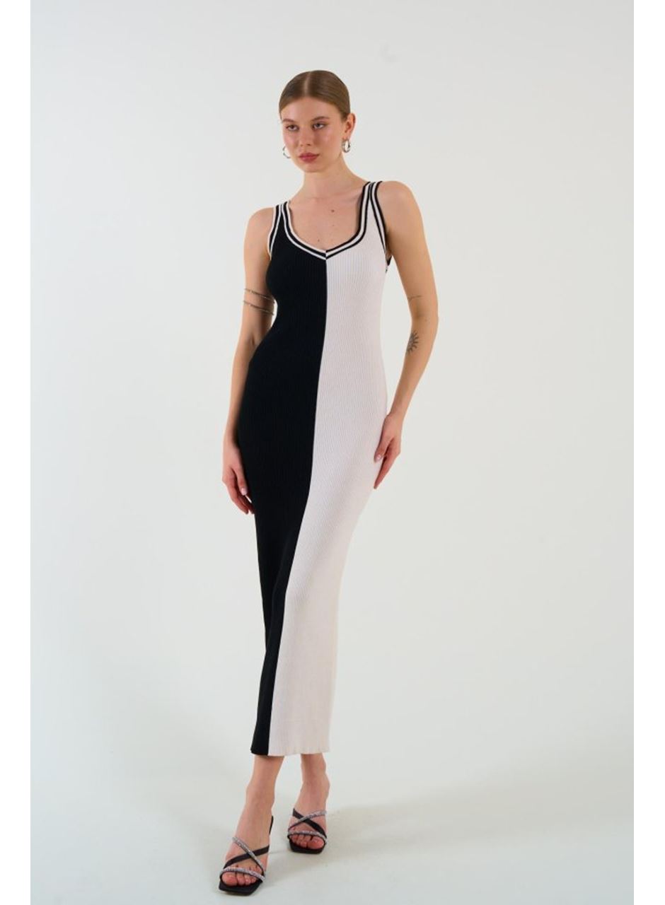 İki Renki Kolsuz Elbise - Siyah-Krem