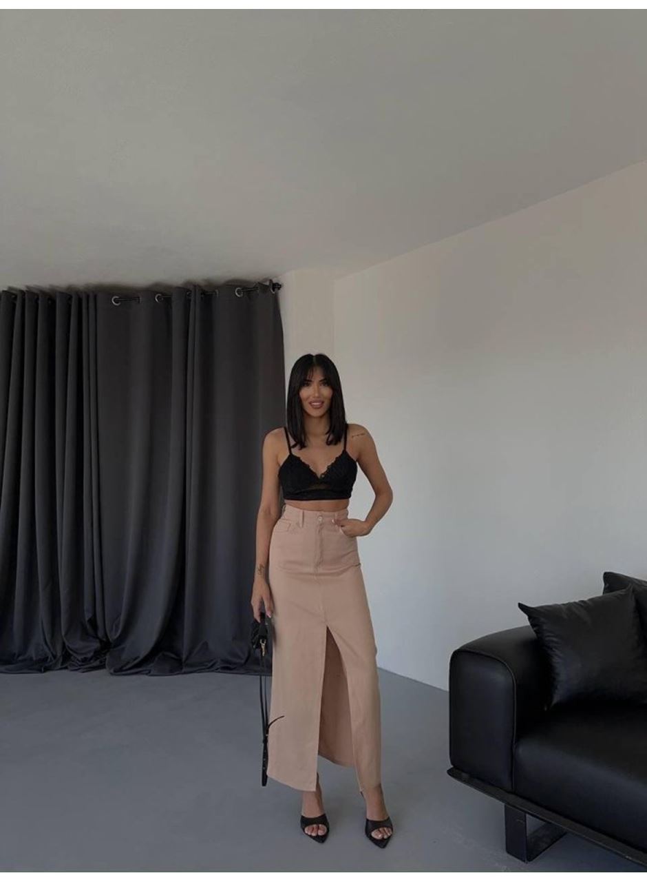 GABARDİN UZUN ÖNDEN YIRTMAÇLI ETEK - Kahverengi