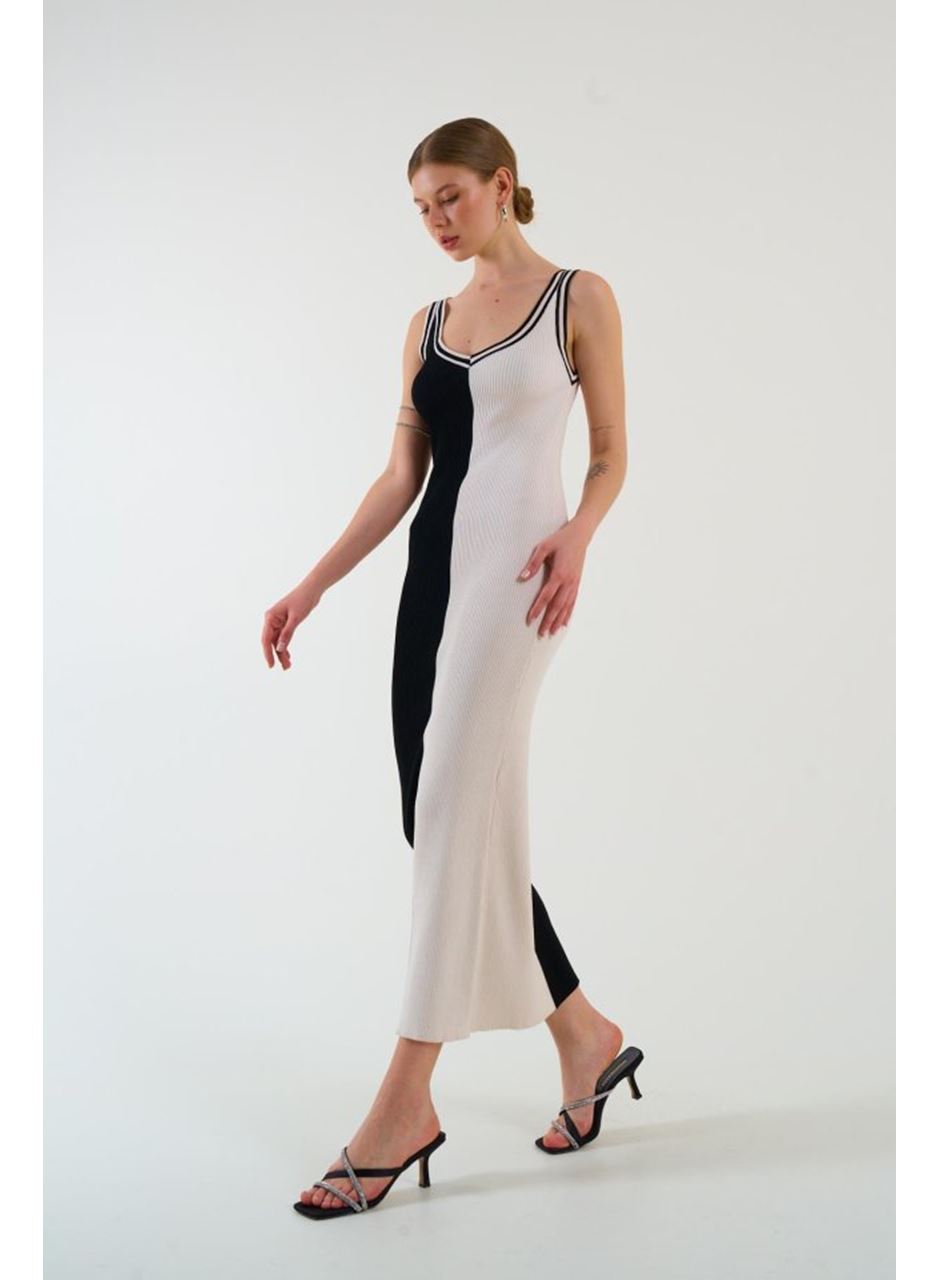 İki Renki Kolsuz Elbise - Siyah-Krem