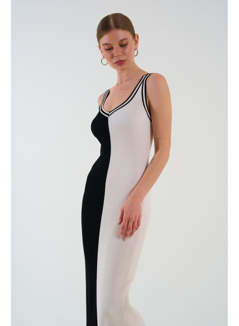 İki Renki Kolsuz Elbise - Siyah-Krem