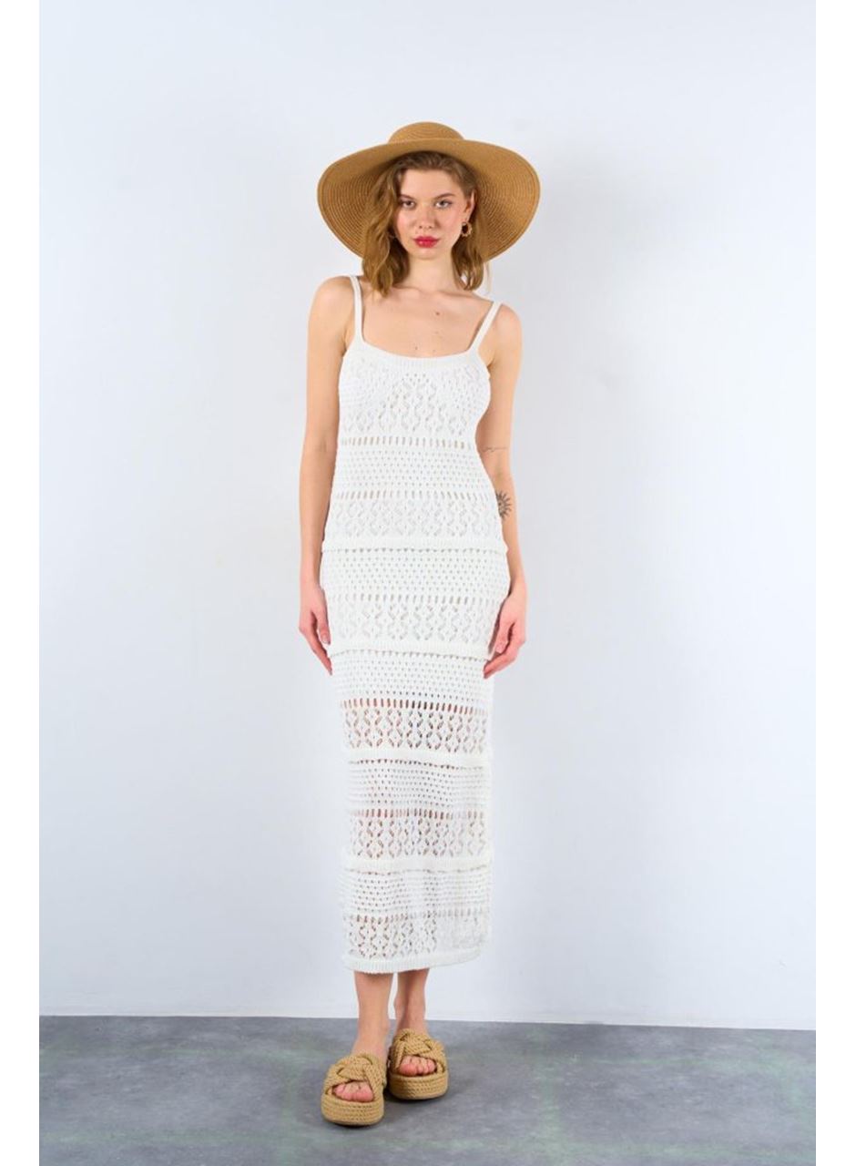 Ajurlu Astarlı Elbise - Ekru
