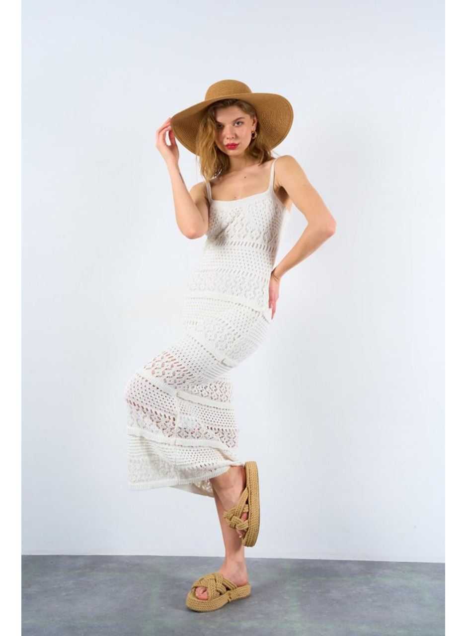 Ajurlu Astarlı Elbise - Ekru