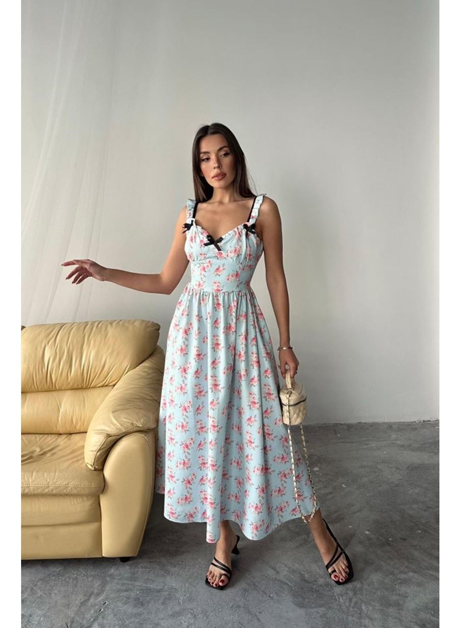 Bebe Mavi Önü Fiyonklu Çiçekli Elbise