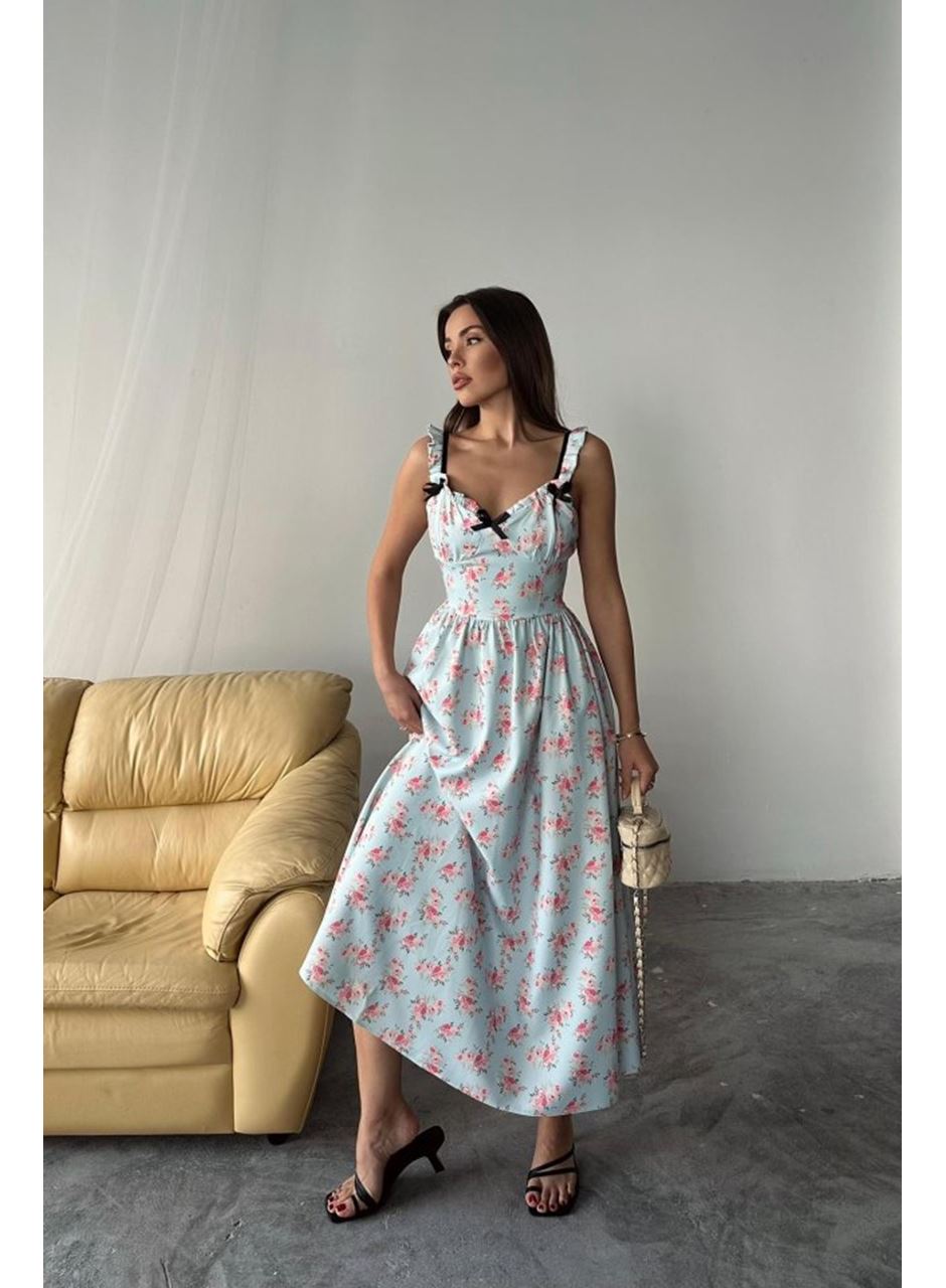 Bebe Mavi Önü Fiyonklu Çiçekli Elbise