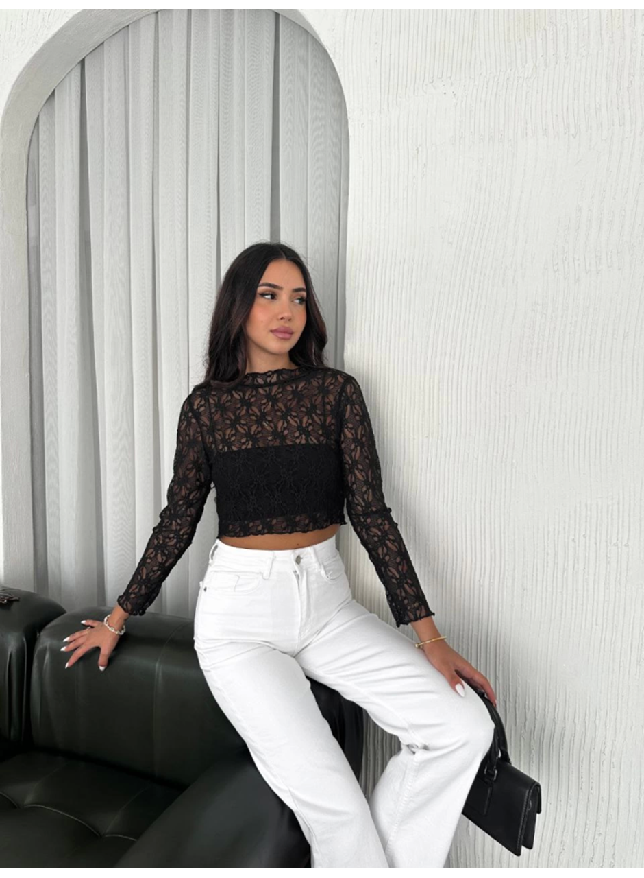 Dantel Uzun Kol Bluz- Siyah